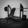 Weight bench with barbell and weights on a gray background
