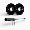 Two black weight plates on a white background.