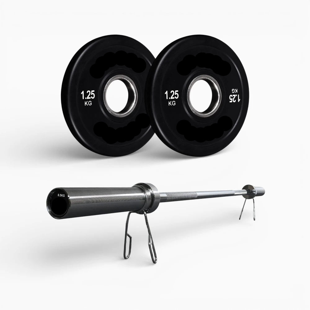 Two black weight plates on a white background.