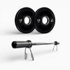 Two weight plates and a barbell on a white background