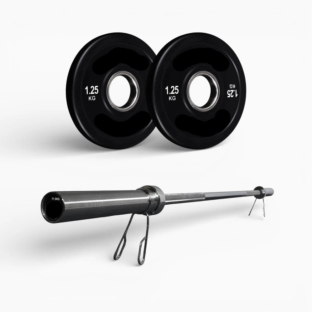 Two black weight plates and a barbell on a white background