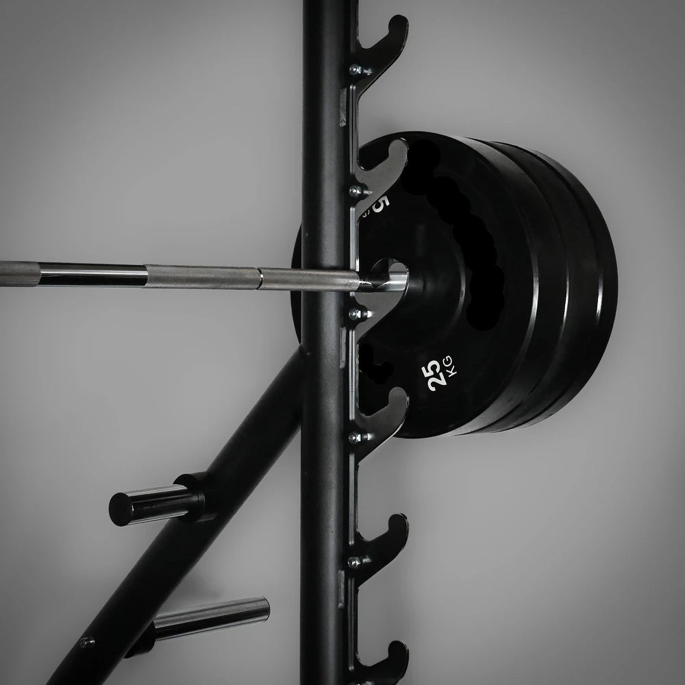 Barbell with weight plates on a gray background
