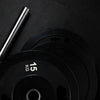 Black weight plates on a dark background
