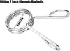 Metallic barbell adapter with measurement details on a white background