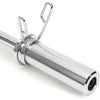Metallic barbell with weight clip on a white background