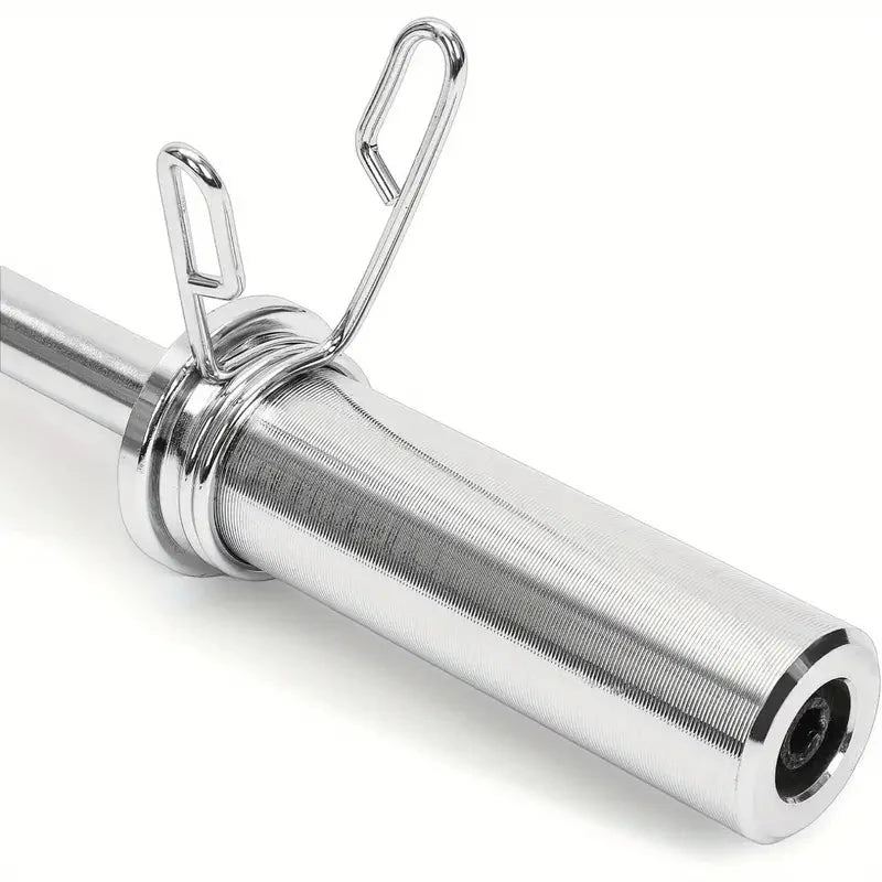 Metallic barbell with weight clip on a white background