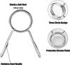 Metallic barbell clip with designs and text highlighting features on a white background