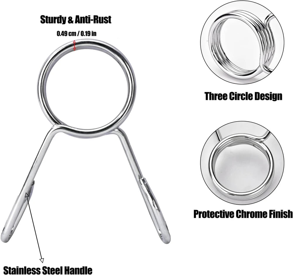 Metallic barbell clip with designs and text highlighting features on a white background