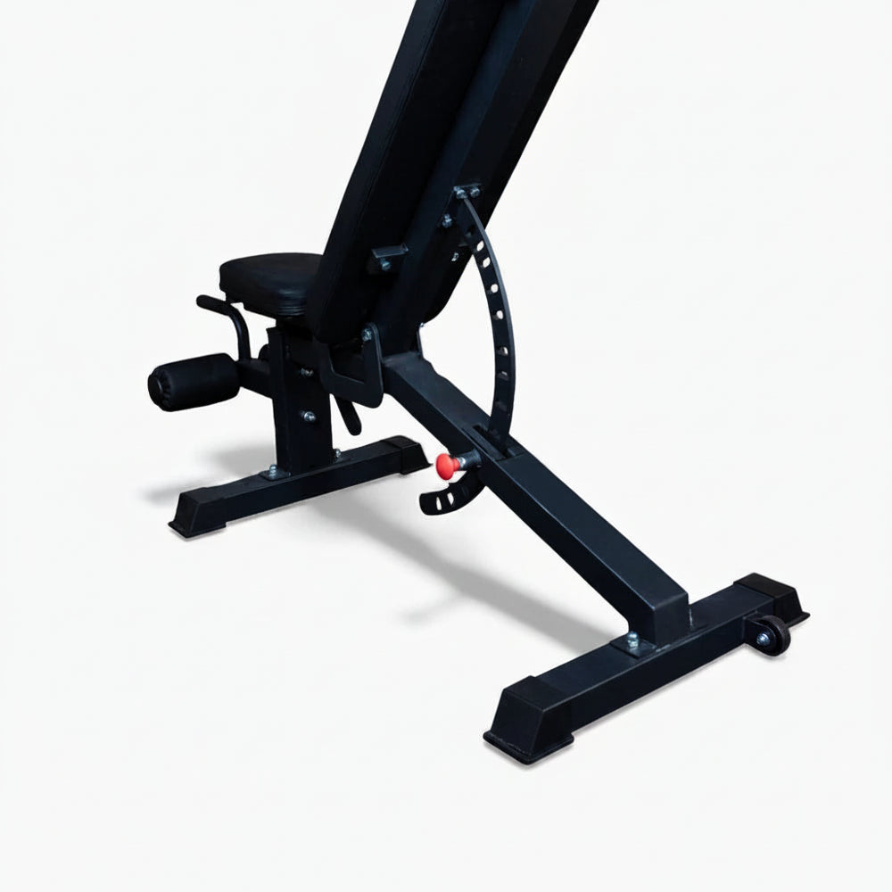 Black adjustable gym bench on a white background