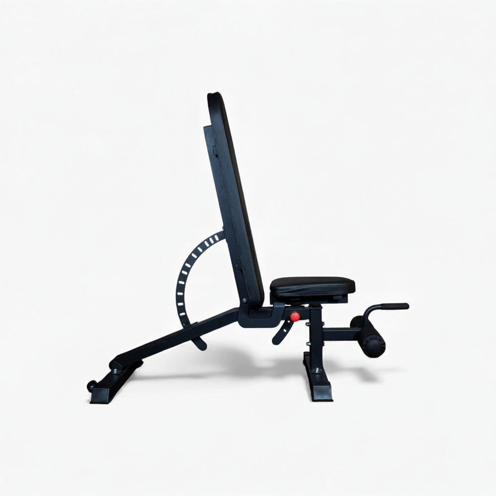 Black adjustable weight bench on a white background