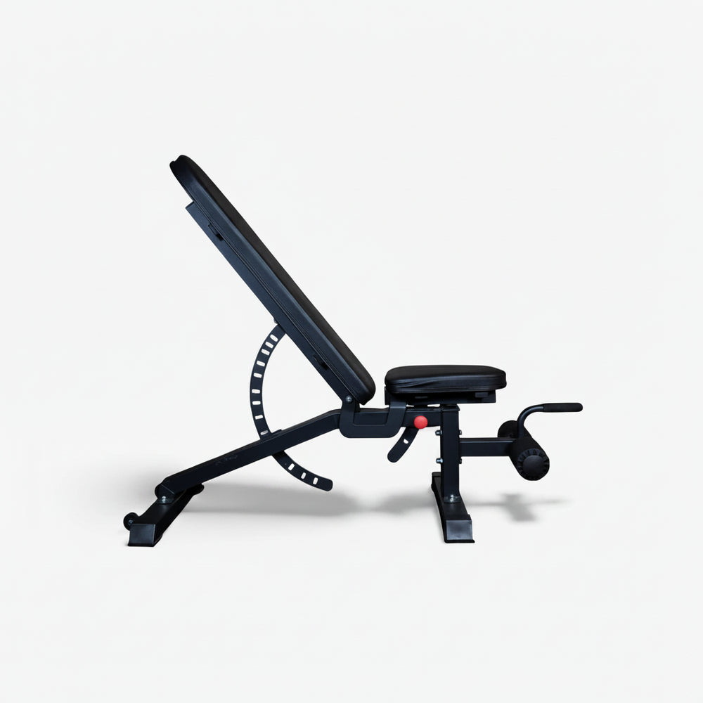 Black adjustable weight bench on a white background