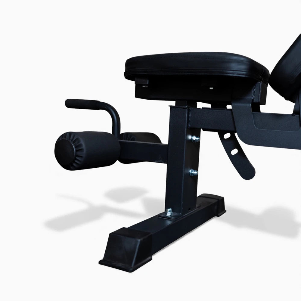 Black gym bench with adjustable angles on a white background