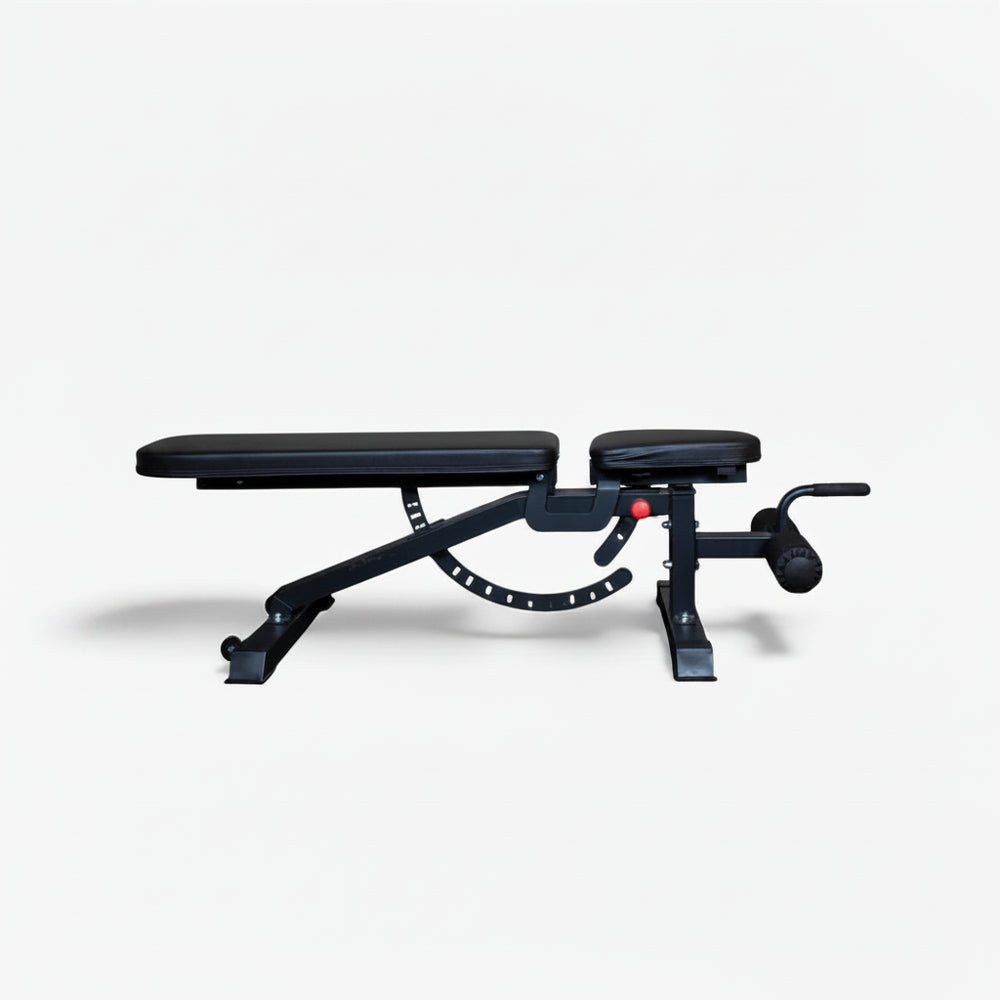 Black adjustable weight bench on a white background