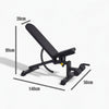 Black adjustable weight bench with dimensions labeled on a white background