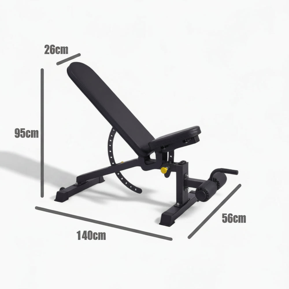 Black adjustable weight bench with dimensions labeled on a white background