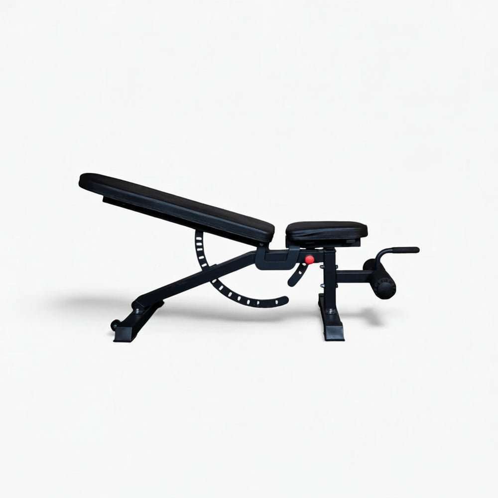 Black adjustable weight bench on a white background