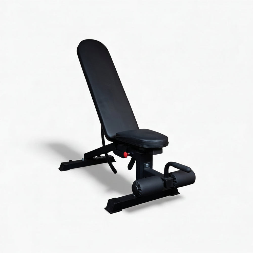 Black adjustable weight bench on a white background