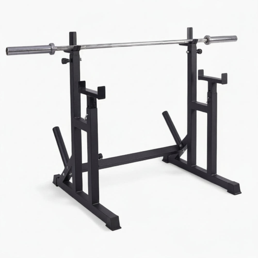 Black weightlifting squat rack with bar on a white background