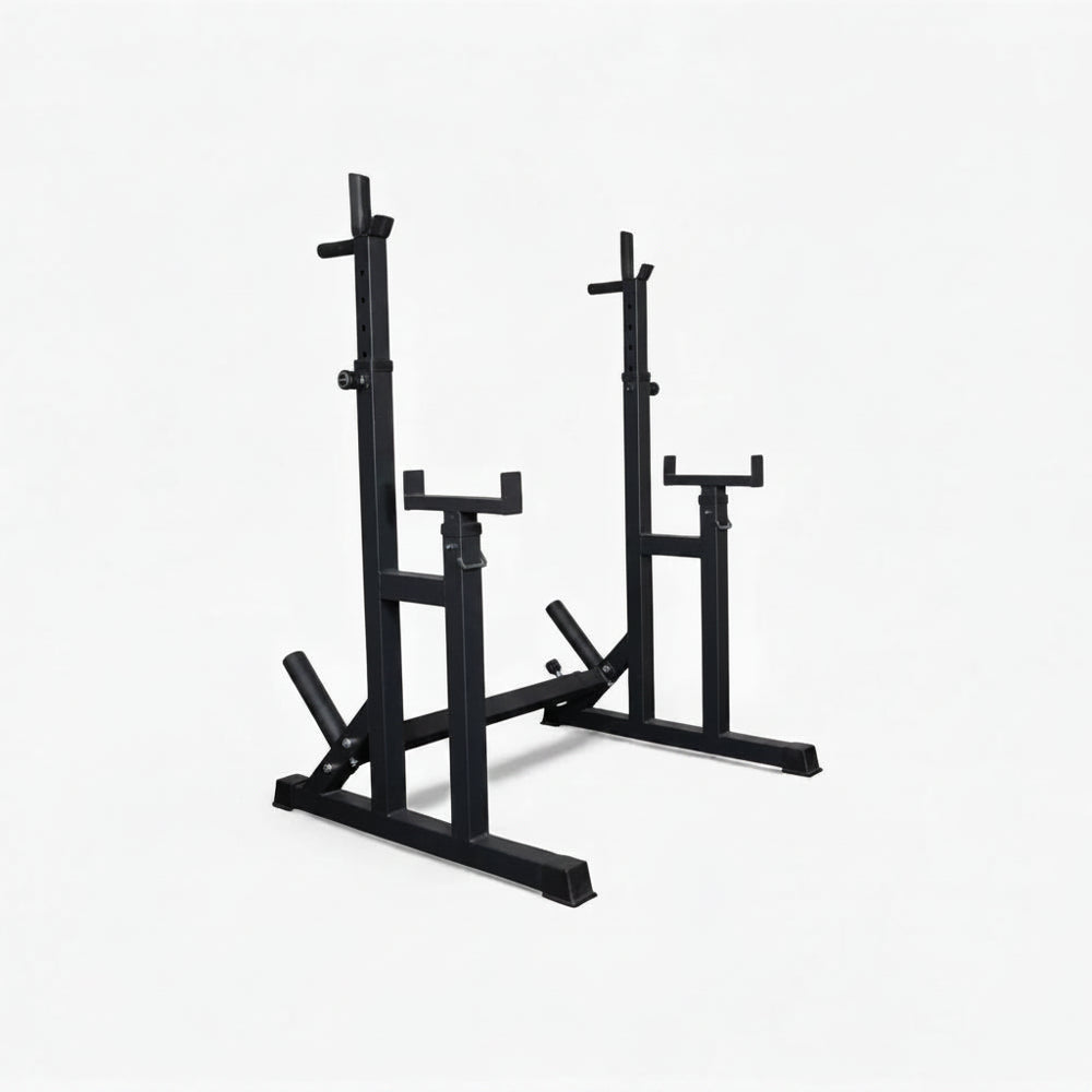 Black metal squat rack on a white background