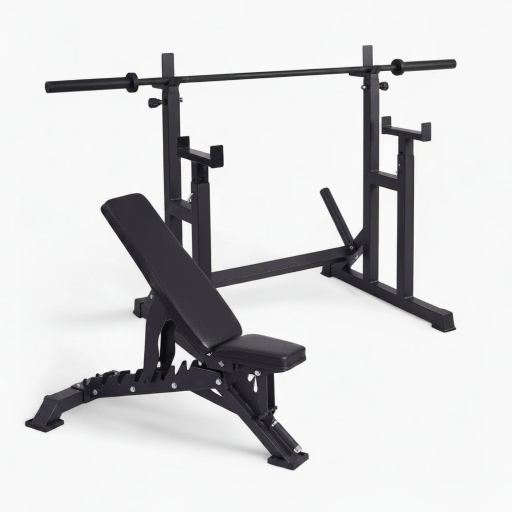 Black weight bench with barbell on a white background