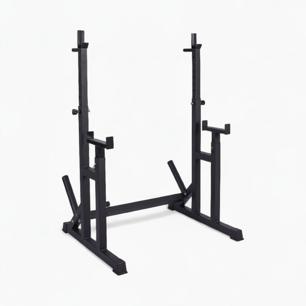 Black metal squat rack on a white background