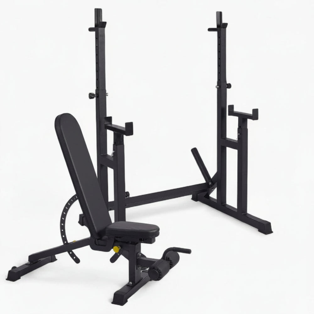 Black weight bench and squat rack on a white background