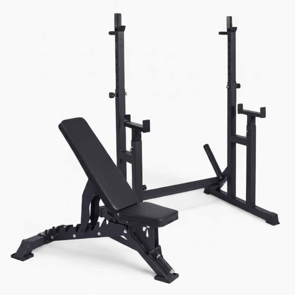 Black weight bench with weight rack on a white background