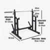 Black adjustable weightlifting stand with dimensions labeled on a white background