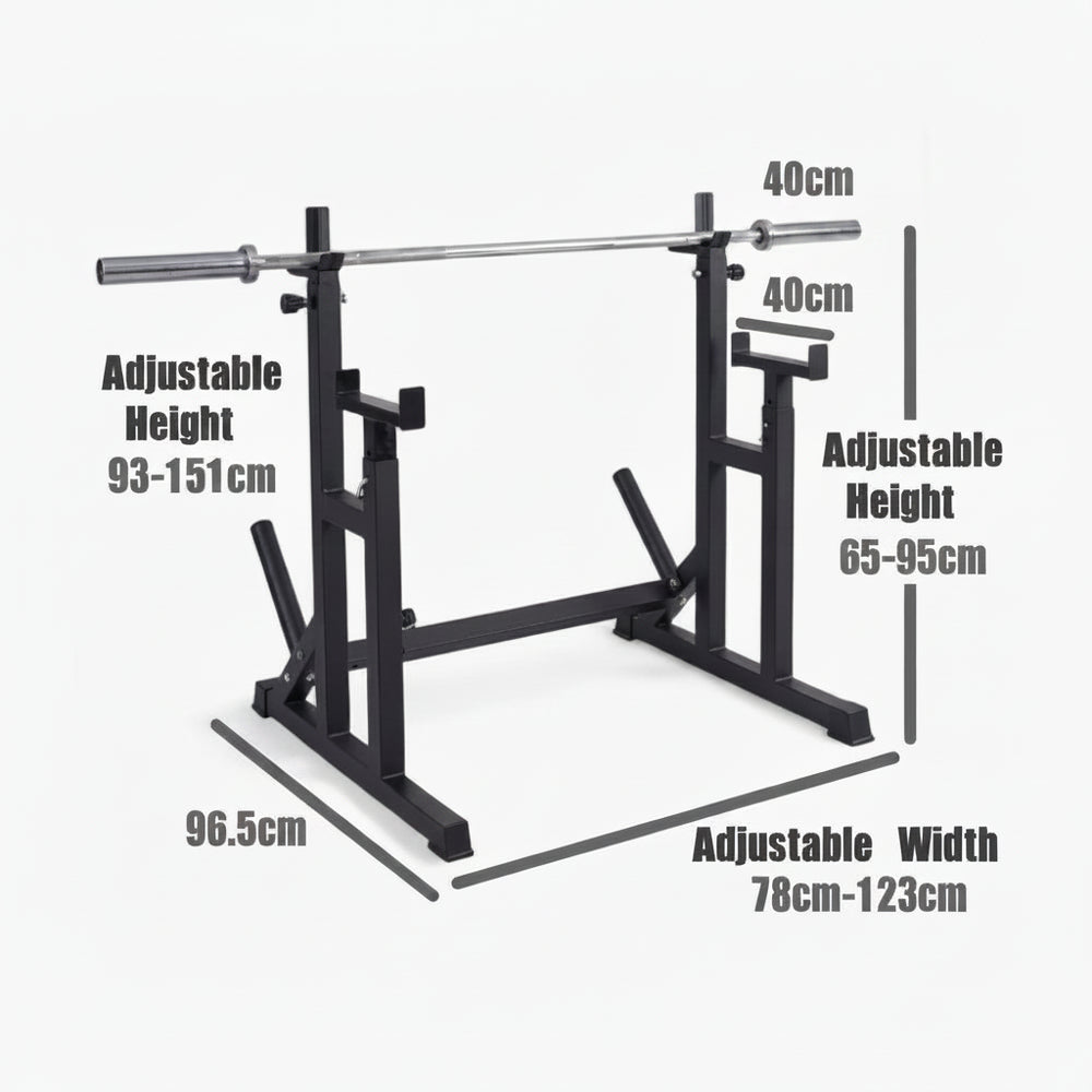 Black adjustable weightlifting stand with dimensions labeled on a white background