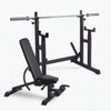 Black weight lifting bench and bar on a white background