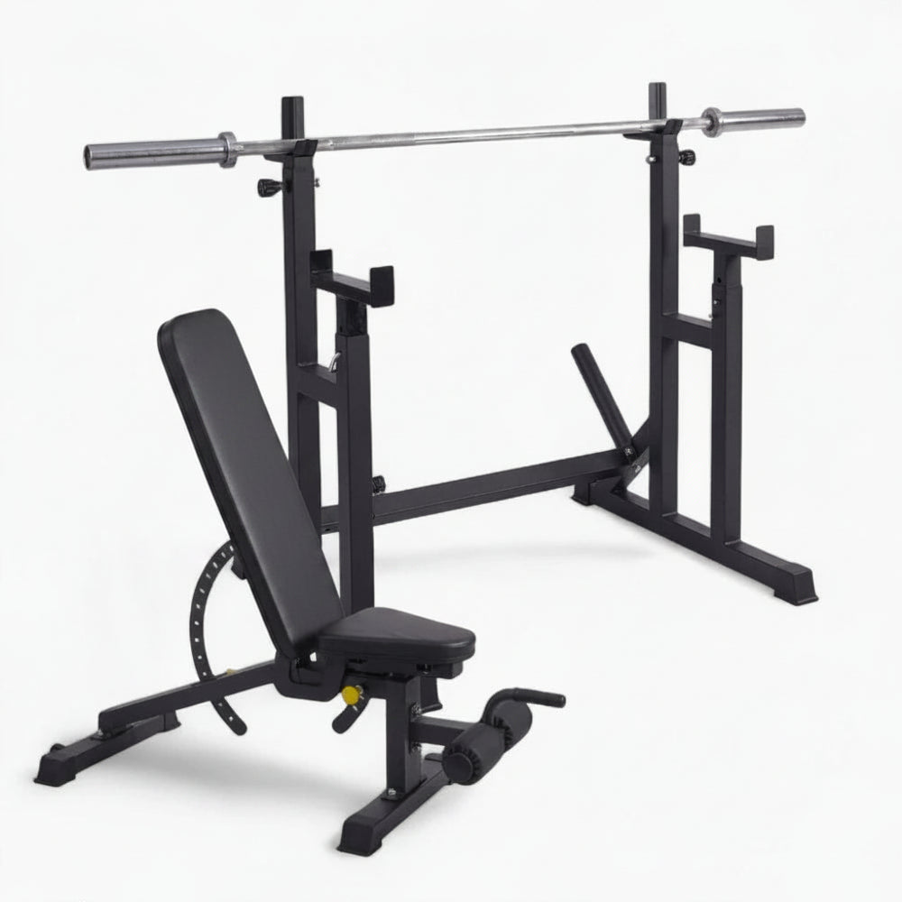 Black weight lifting bench and bar on a white background