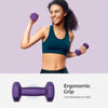 Woman exercising with purple dumbbells on a light purple background