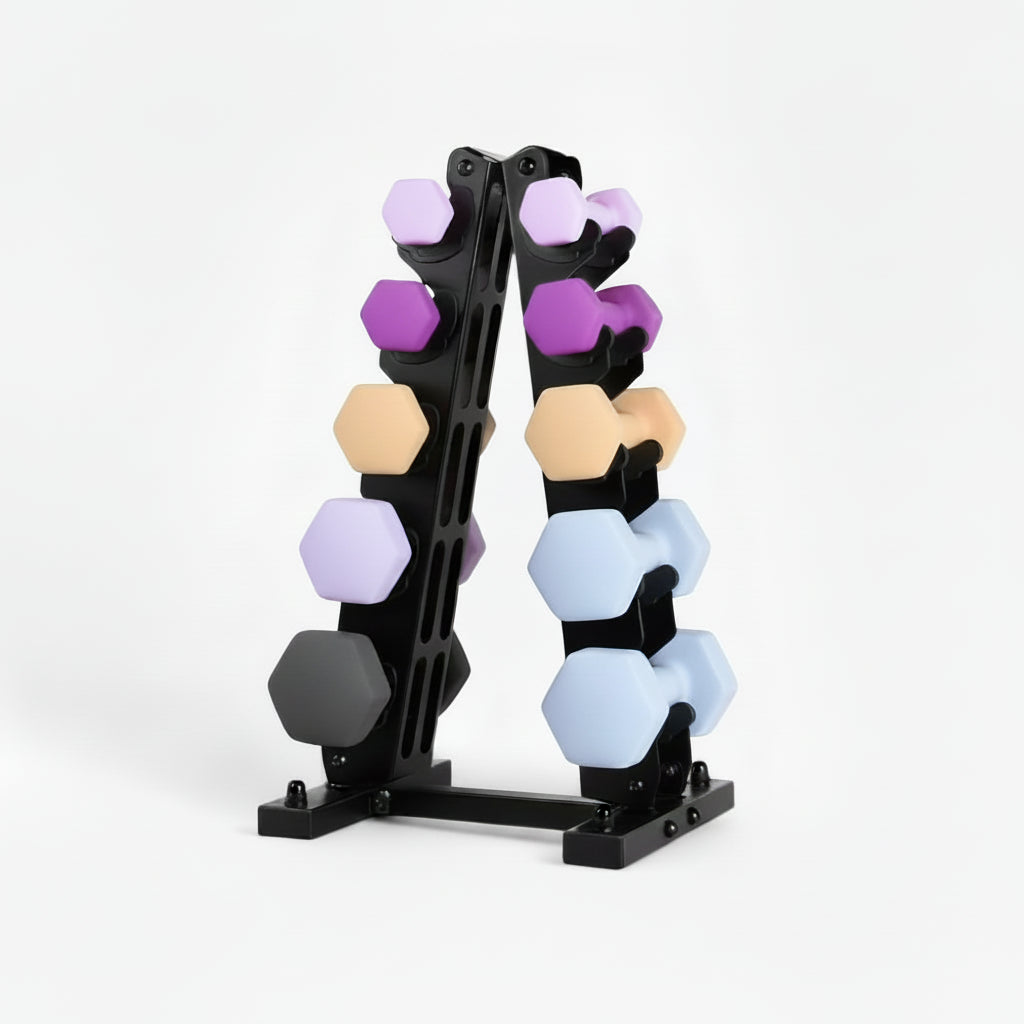 Set of dumbbells on a stand with weight labels on a white background Main image