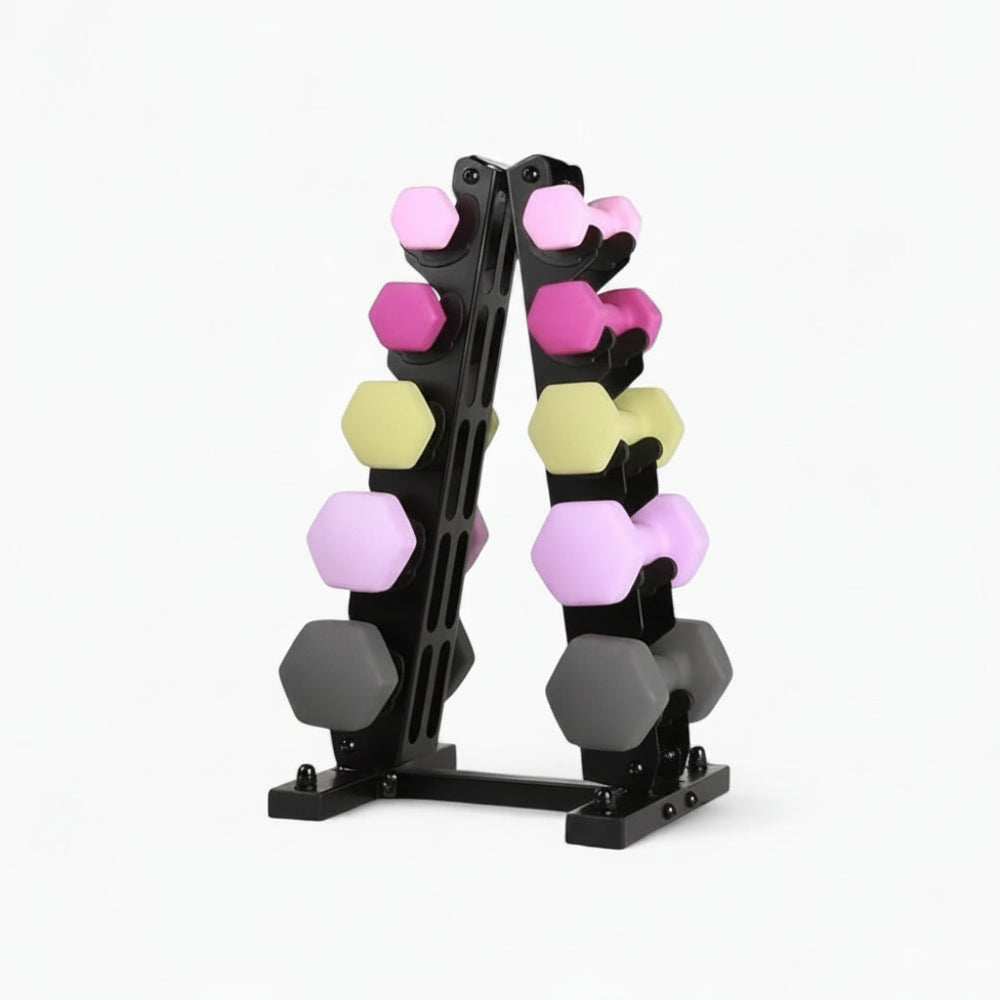 Dumbbell set with a stand on a white background