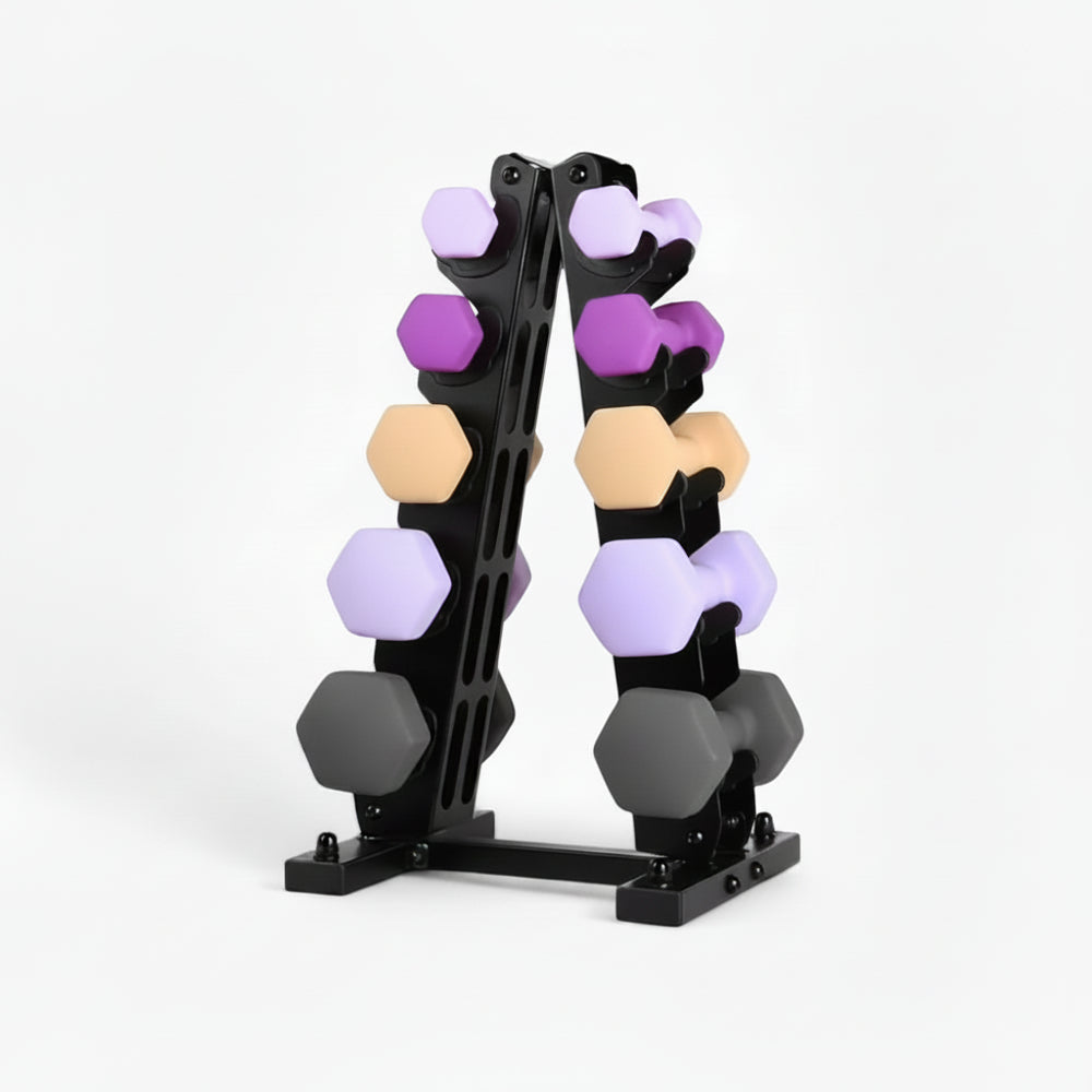 Set of dumbbells on a stand with weight labels on a white background