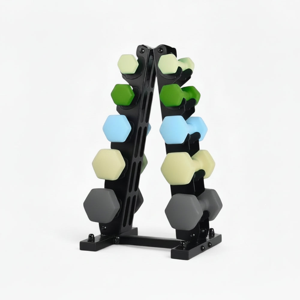 Dumbbell set with weights on a stand on a white background