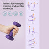 Purple dumbbell held by a hand with workout illustrations on a light purple background