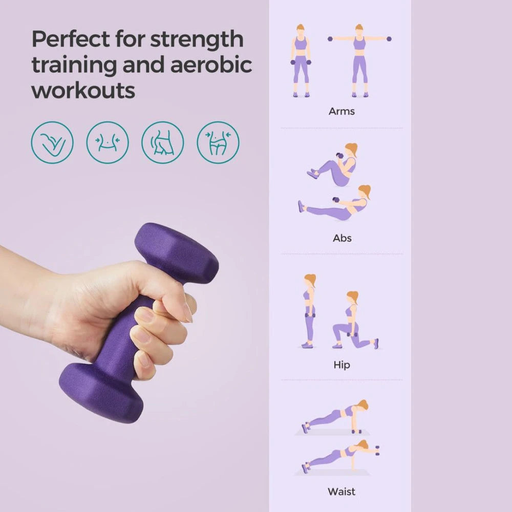 Purple dumbbell held by a hand with workout illustrations on a light purple background