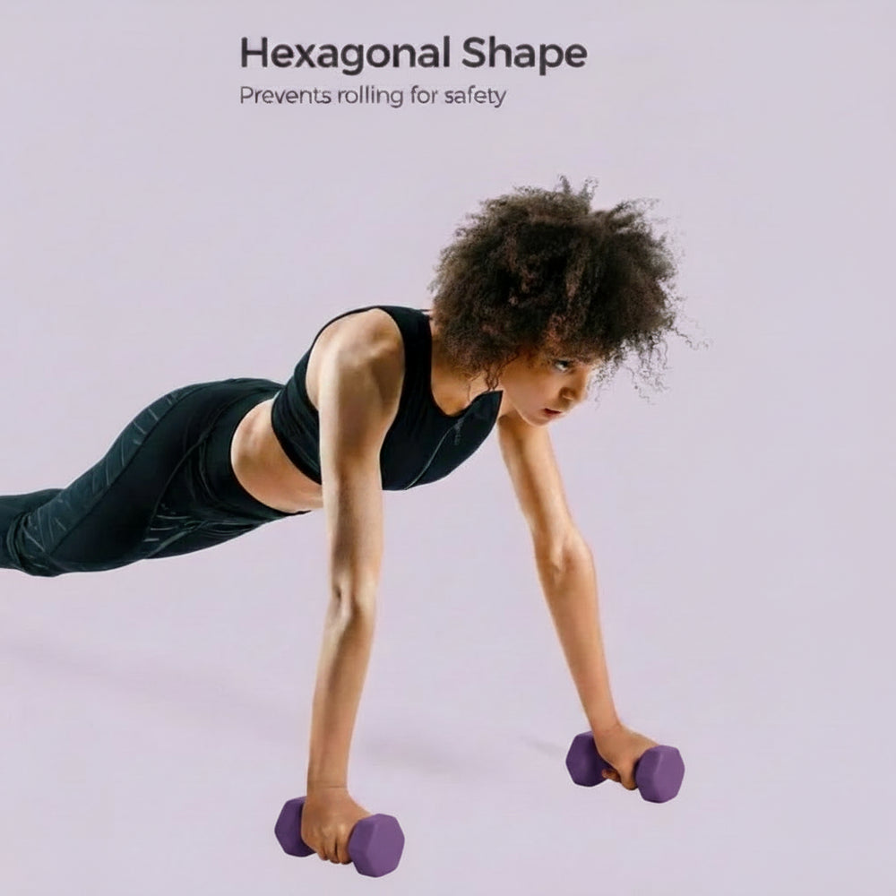 Woman exercising with purple dumbbells on a light purple background, promoting safety with hexagonal shape feature.
