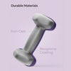 Gray and purple dumbbell with labeled durable materials on a light purple background