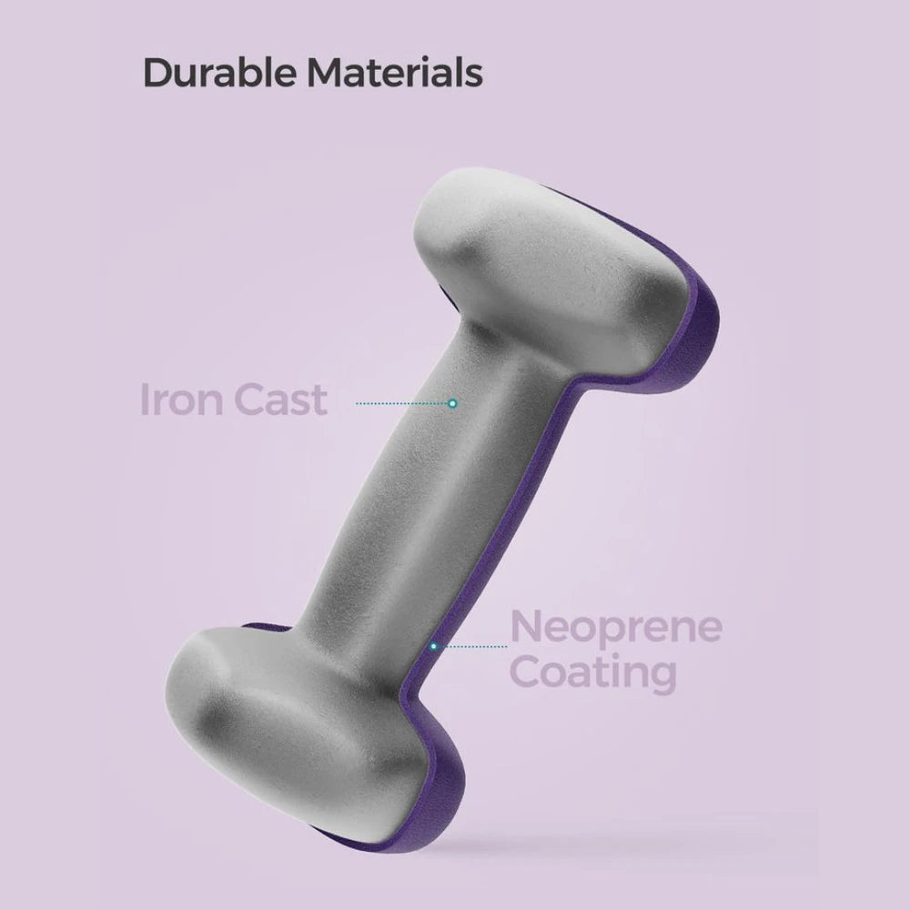 Gray and purple dumbbell with labeled durable materials on a light purple background