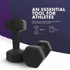 Black hexagonal dumbbells on a white and purple gradient background.