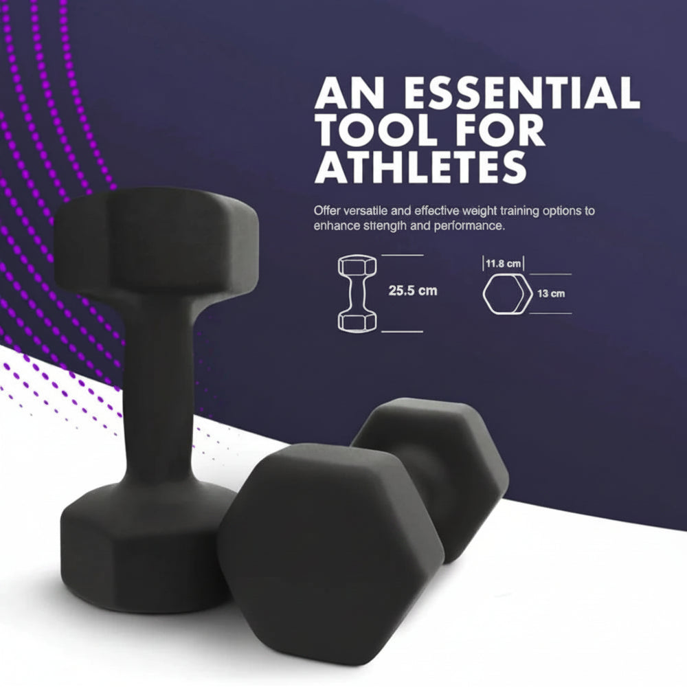 Black hexagonal dumbbells on a white and purple gradient background.
