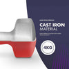 Red and gray dumbbell with text about cast iron material on a white and purple background