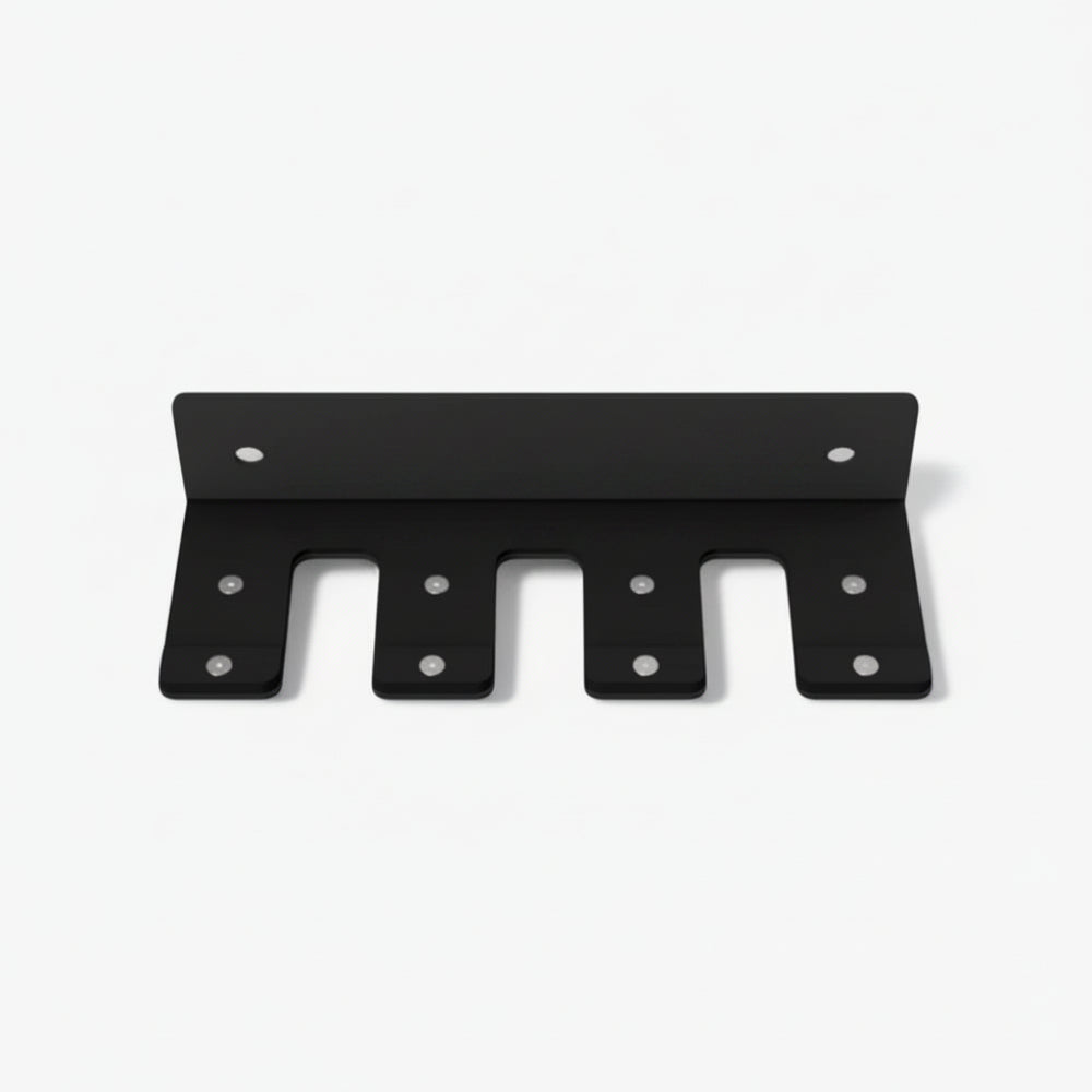 Black metal plate with multiple holes on a white background.