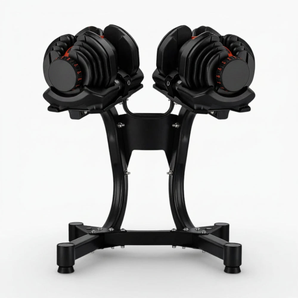 Pair of adjustable dumbbells on a black stand against a white background