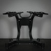 Black metal stand against a gray background