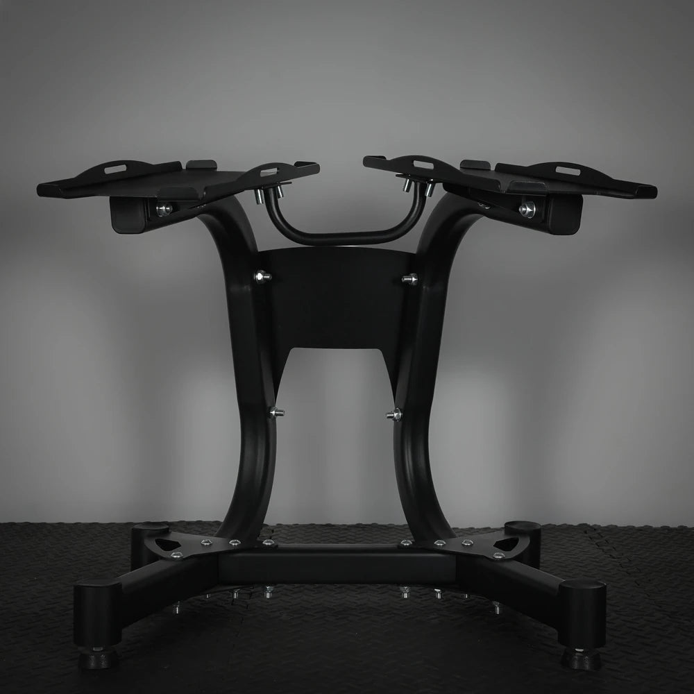 Black metal stand against a gray background