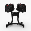 Pair of adjustable dumbbells on a black stand against a white background