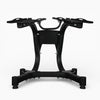 Black metal stand with adjustable arms on a white background